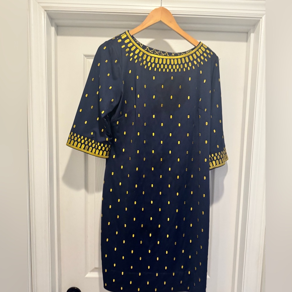Gretchen Scott Designs Navy Dress with Yellow Dot Trim